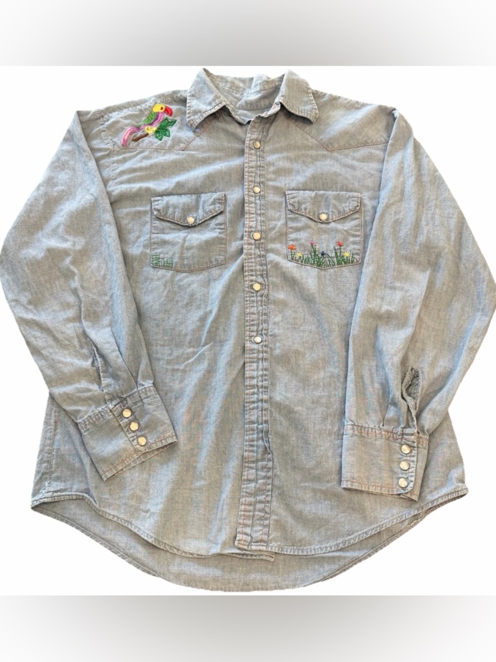 Vintage Ranchcraft JC Penneys Denim Chambray Western Pearl Snap Embroidered